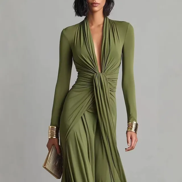 Solid color Textured Long sleeve Elegant French style Dress Green - Shop at LoveMi