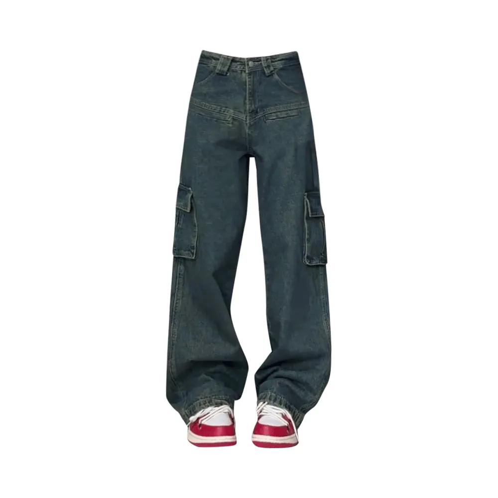 Plus Size Washed Distressed Multi-pocket Jeans - Retro Blue