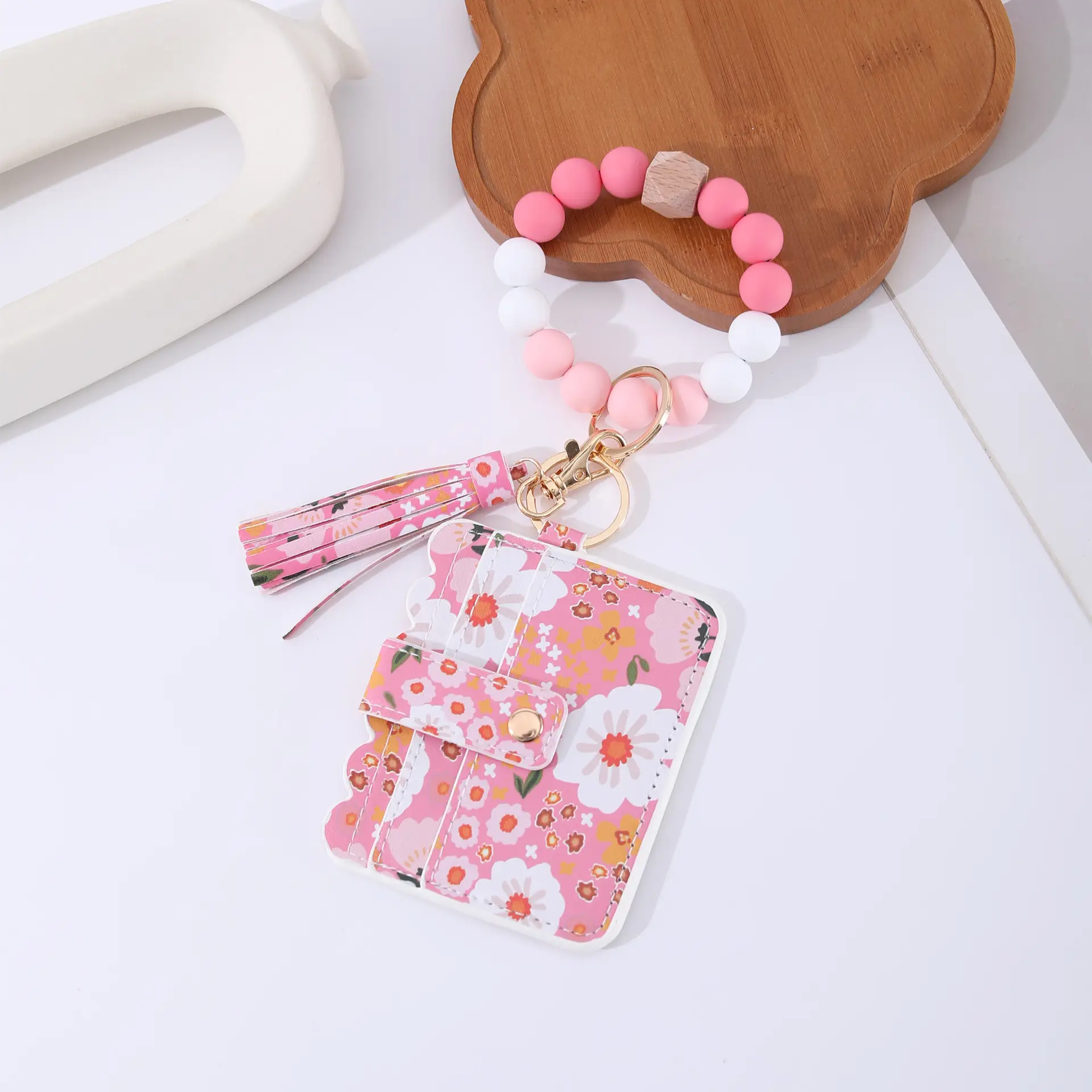 Printed Leather Wallet Keychain For Women