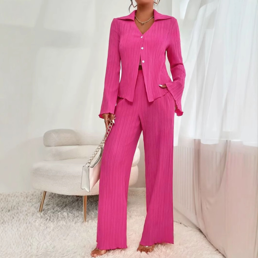 Solid-color Pleated Fashion Long-sleeve Shirt And Wide-leg Pants Casual Set
