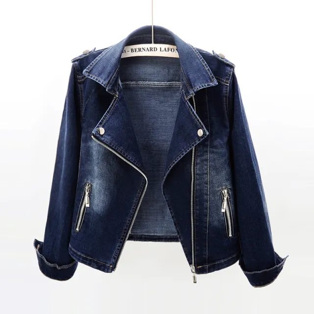 Slim Fit Stretch Suit Collar Denim Coat For Women Dark Blue - Shop at LoveMi