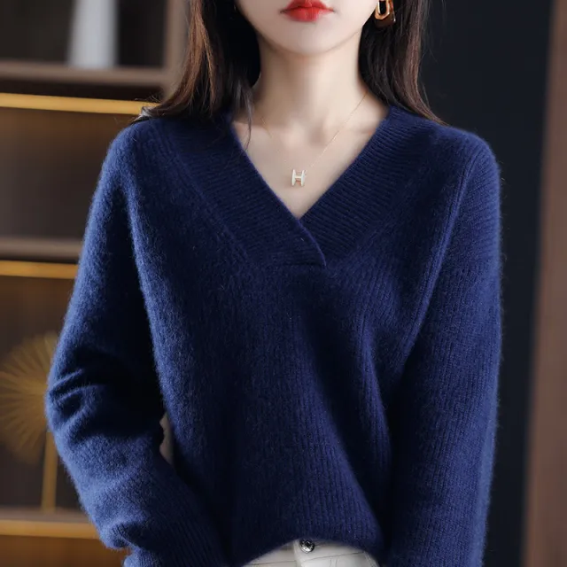 Women's Loose Solid Color And V neck Pullover Thick Sweater Dark Blue - Shop at LoveMi