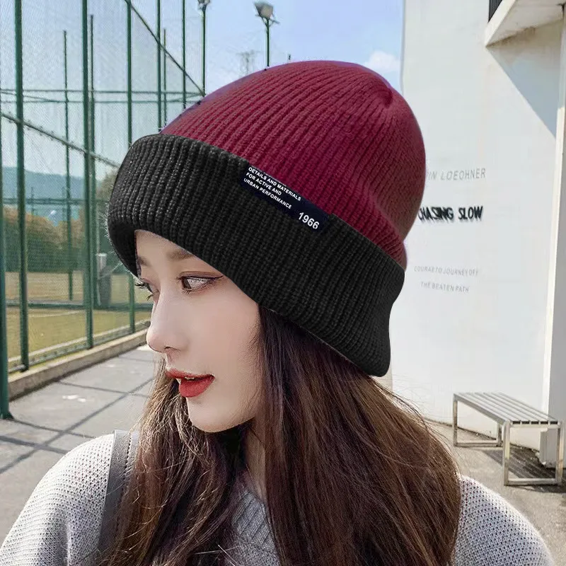 Women's Extra Thick Warm Pullover Knitted Hat - Purplish Red Black