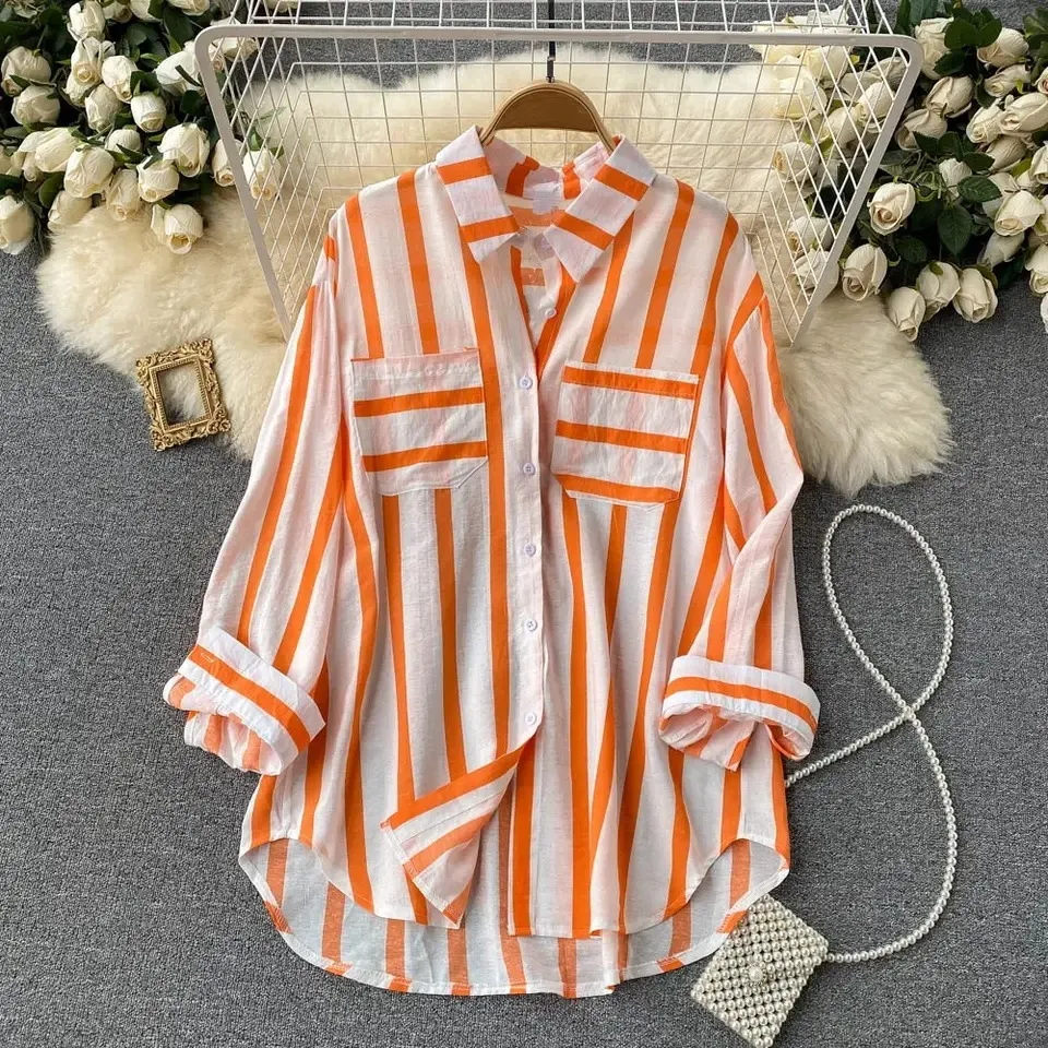Mid-length Vertical Stripes Multi-color Shirt Coat Casual Loose Top - Orange