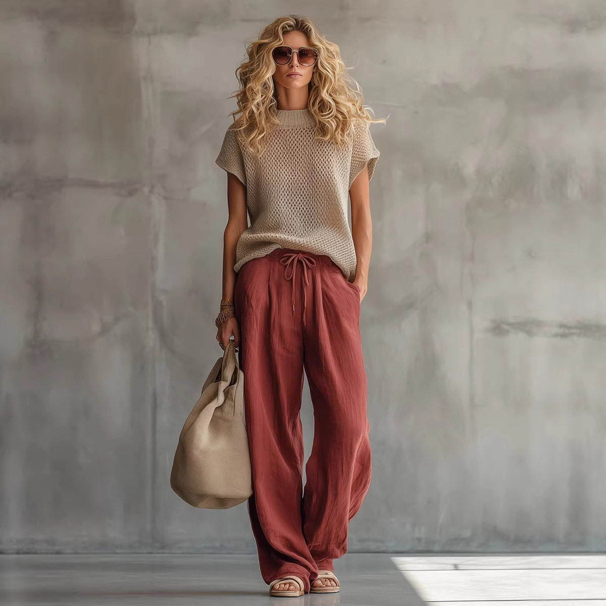 Womens Retro Short-sleeve Knit Top And Brick-red Suit