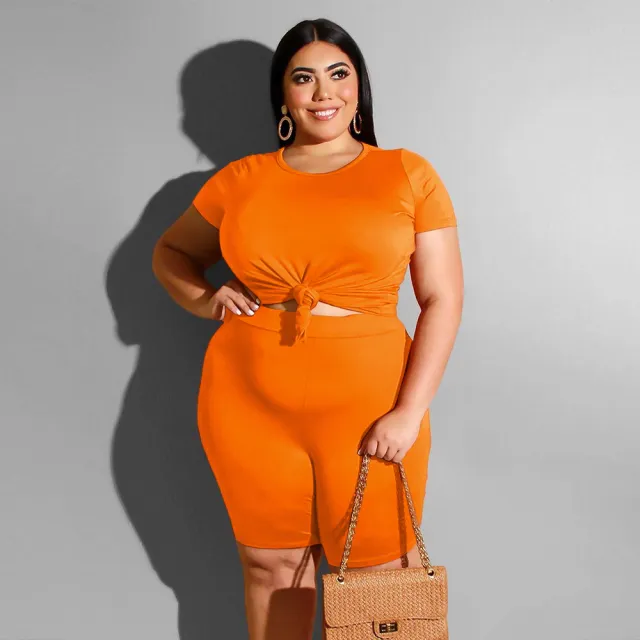 Plus Size Women's Casual Solid Color Round Neck T shirt Shorts Set Orange - Shop at LoveMi