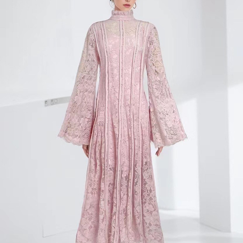 Female Stand Up Collar Flared Sleeve Lace Patchwork Dress