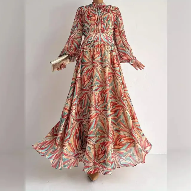 Abstract Turtleneck Maxi Dressstylish And Elegant Mixed Color 2 - Shop at LoveMi