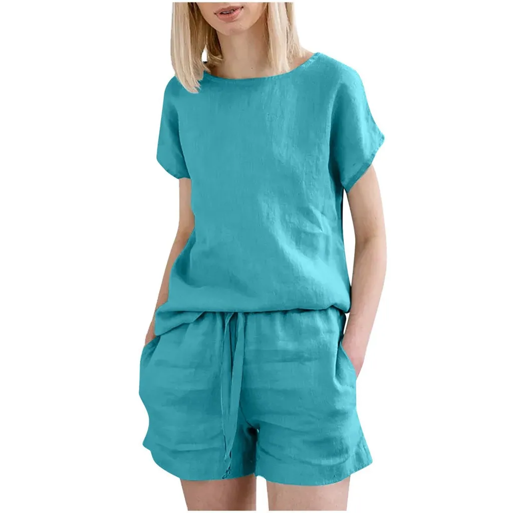 Short Sleeve Cotton Linen Retro Fashion Solid Colour Top Shorts Suit - Sky Blue