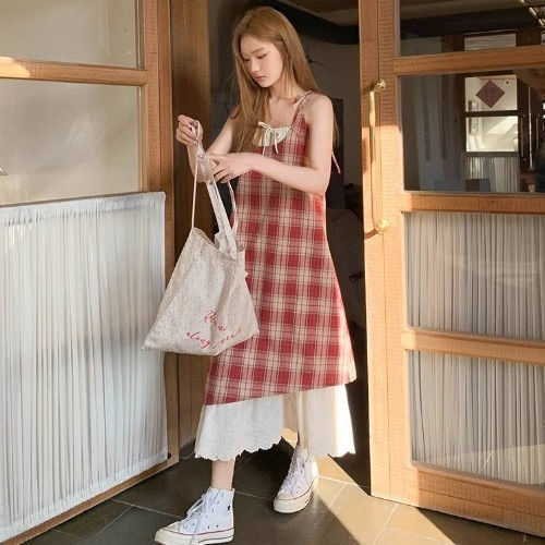 Loose Patchwork Plaid Spaghetti Strap Dress For Women Red - Shop at LoveMi