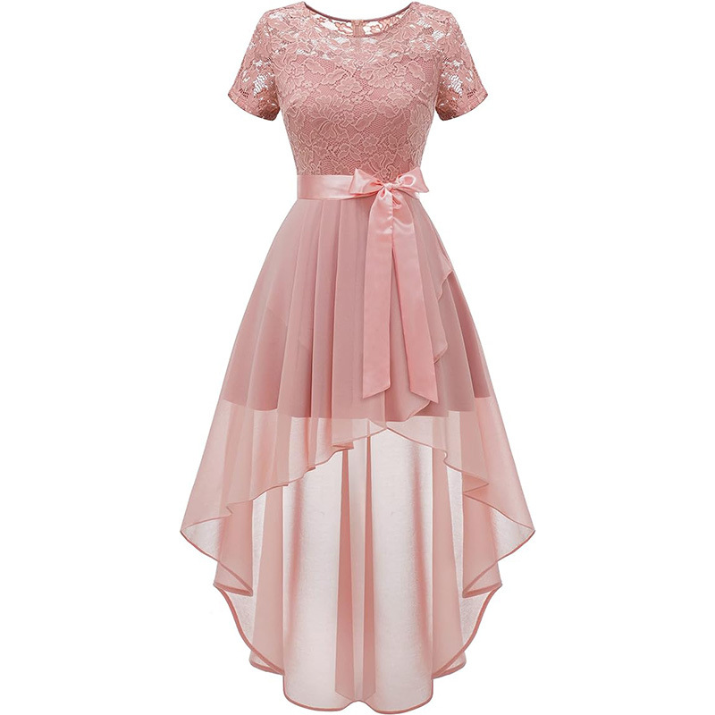 Lace Chiffon Ruffled High Slit Waist Round Neck Evening Dress Skirt Pink - Shop at LoveMi