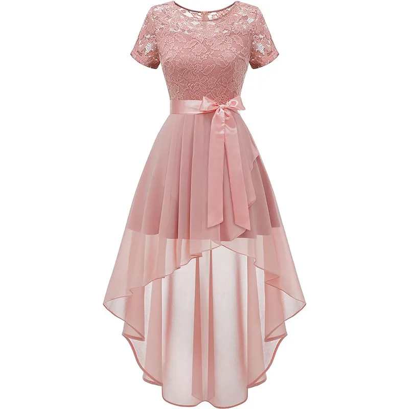 Lace Chiffon Ruffled High Slit Waist Round Neck Evening Dress Skirt - Pink