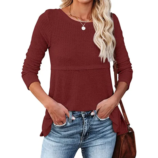 Women's Waffle Fashion Back Hollow Round Neck Long Sleeve Top Wine Red - Shop at LoveMi