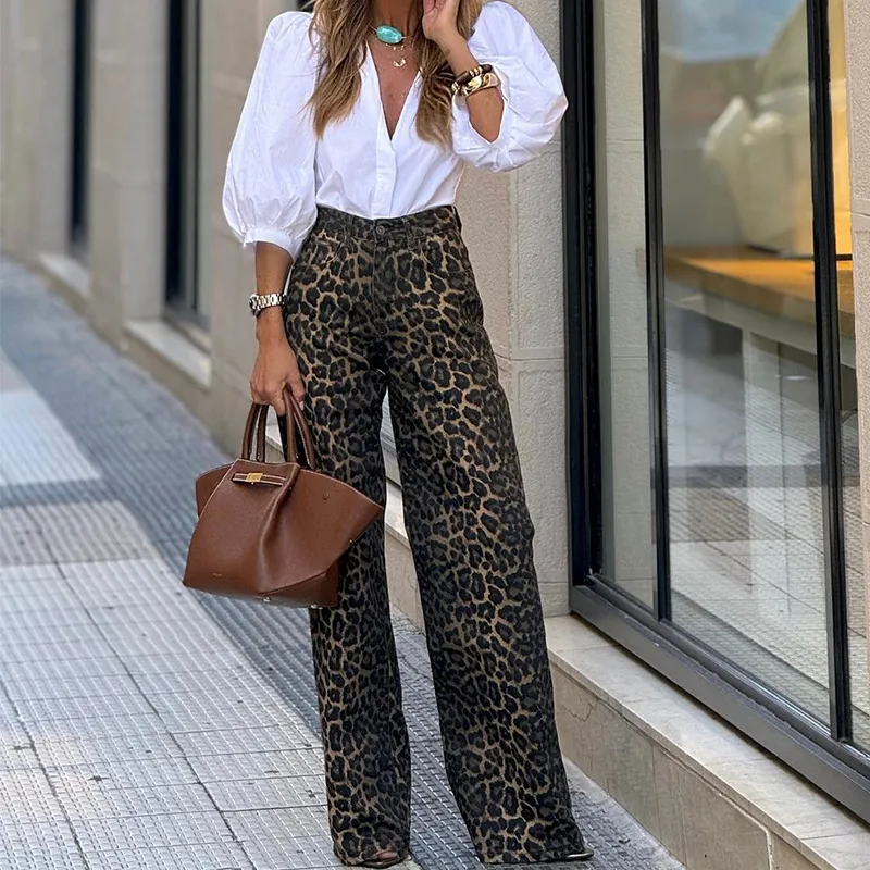 Women's Fashion Temperament Leopard Print Straight Casual Trousers - Leopard Print