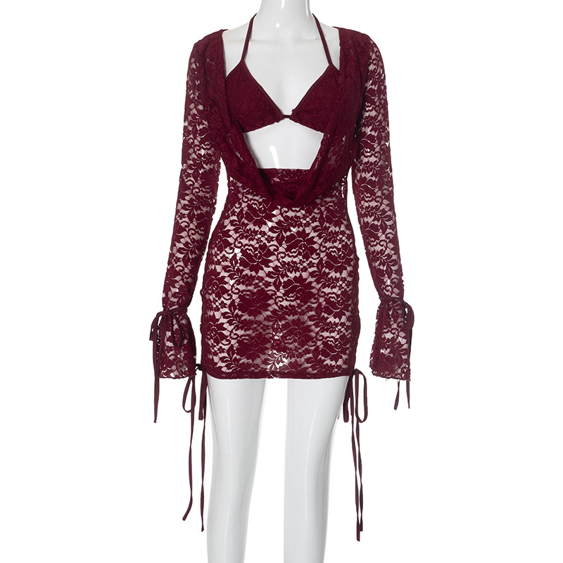 Women's Autumn New Solid Color Casual Lace Up Lace Long Sleeve Top Skirt Bandage Suit
