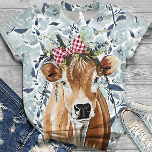 Fashionable Women's T Shirt With Bull Head Print Crew Neck And Short Sleeves 3 Style M - Shop at LoveMi