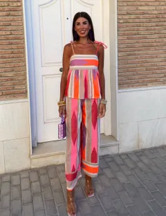 Colour Matching Sling Top And Trousers Suit - 3Picture-L - View 1