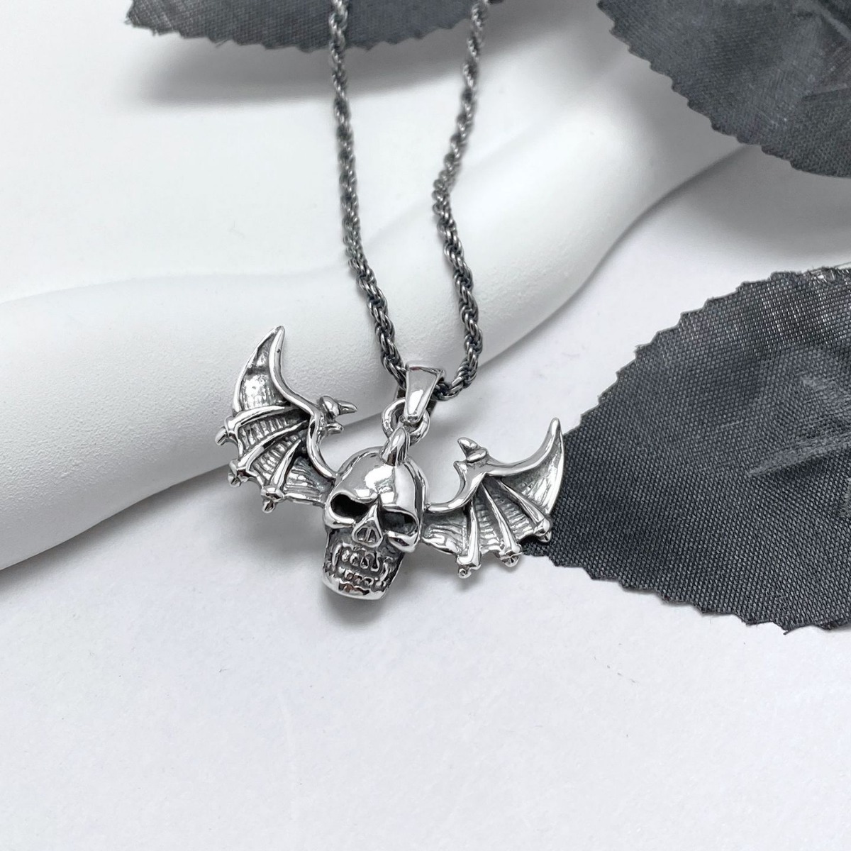 925 Sterling Silver Gothic Bat Wings Skull Pendant