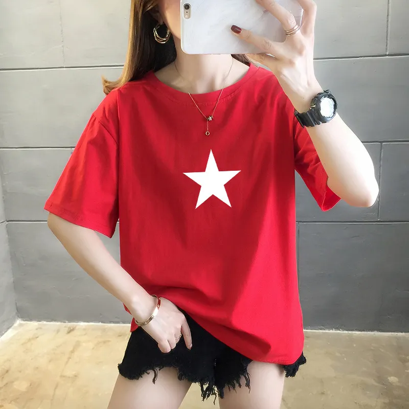 Summer New Pure Cotton Short Sleeve T-shirt Women's Korean-style Round Neck Printed Wear Top - Red