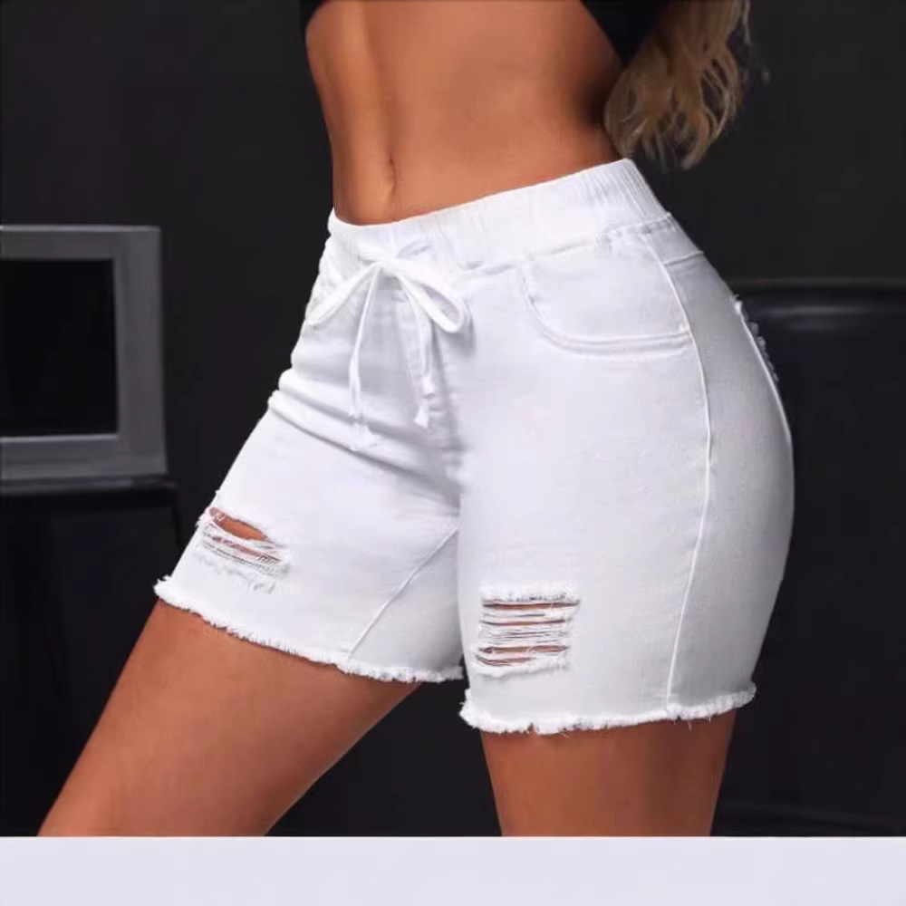 Womens White Ripped Denim Shorts For Summer thumbnail 5