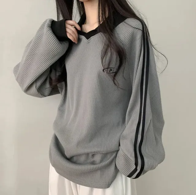 Black Waffle Korean Style Polo Collar Vintage Sweater 60283 Gray Thin - Shop at LoveMi