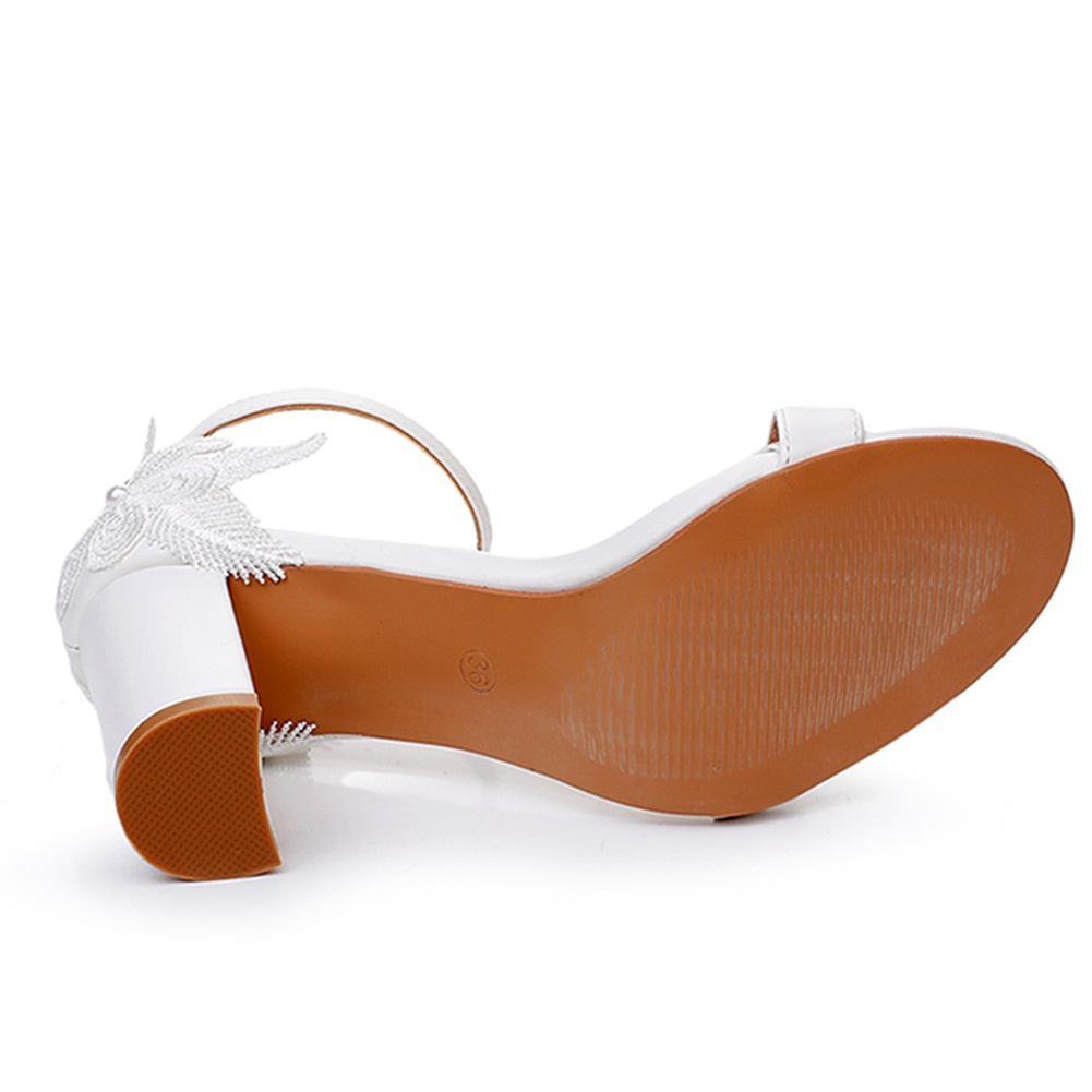 Boho White Ankle Strap Wedding Heels with Lace Leaves