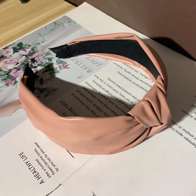 Simple PU Leather Knotted Wide Brim Hair Band Pink - Shop at LoveMi