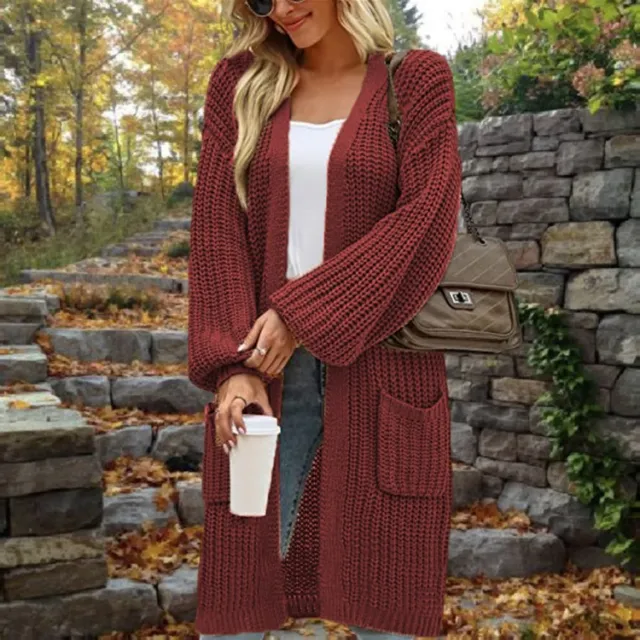 European And American Loose Lantern Sleeve Sweater Women's Cardigan Mid length Autumn And Winter Pocket Coat Wine Red - Shop at LoveMi