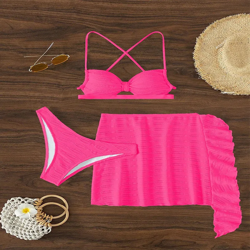 Lace-up Bikini Three-piece Swimsuit - Rose