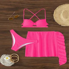 Lace-up Bikini Three-piece Swimsuit - Rose - View 1