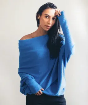 Women's Solid Color Round Neck Long Sleeve Knitted Sweater Blue - Shop at LoveMi