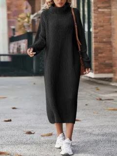 Winter Turtleneck Knitted Sweater Dress Fashion Solid Loose Pullover Long Dresses For Women Clothing - Black - View 1