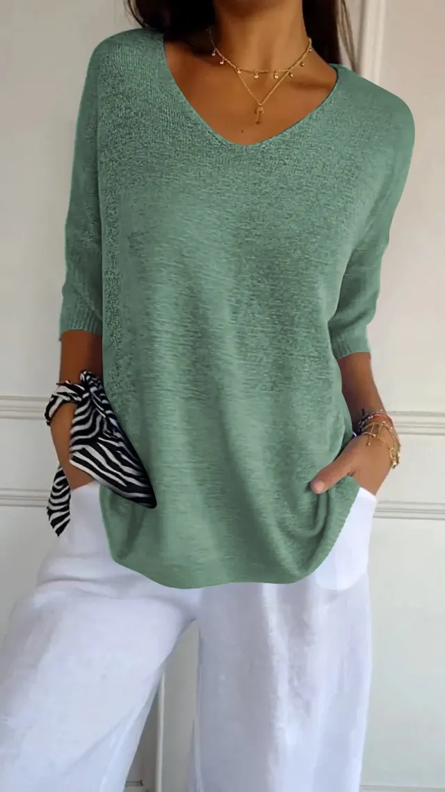 Solid Long Sleeve Sweater Slimming V neckline Knitwear Women's Bottoming Shirt Green - Shop at LoveMi