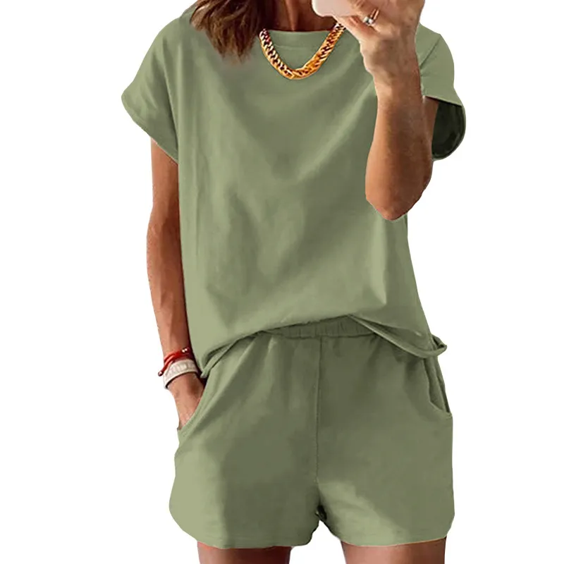 Women's Short-sleeved Shorts Set Summer Round Neck Set - Matcha
