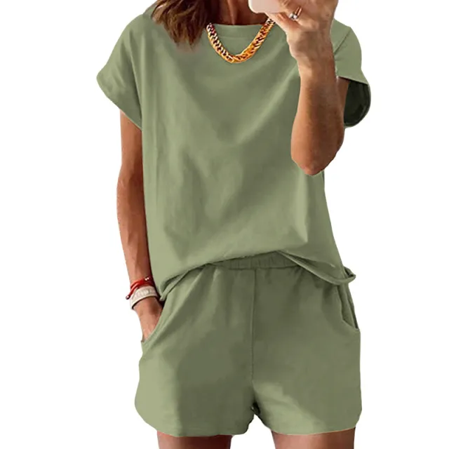 Women's Short sleeved Shorts Set Summer Round Neck Set Matcha - Shop at LoveMi