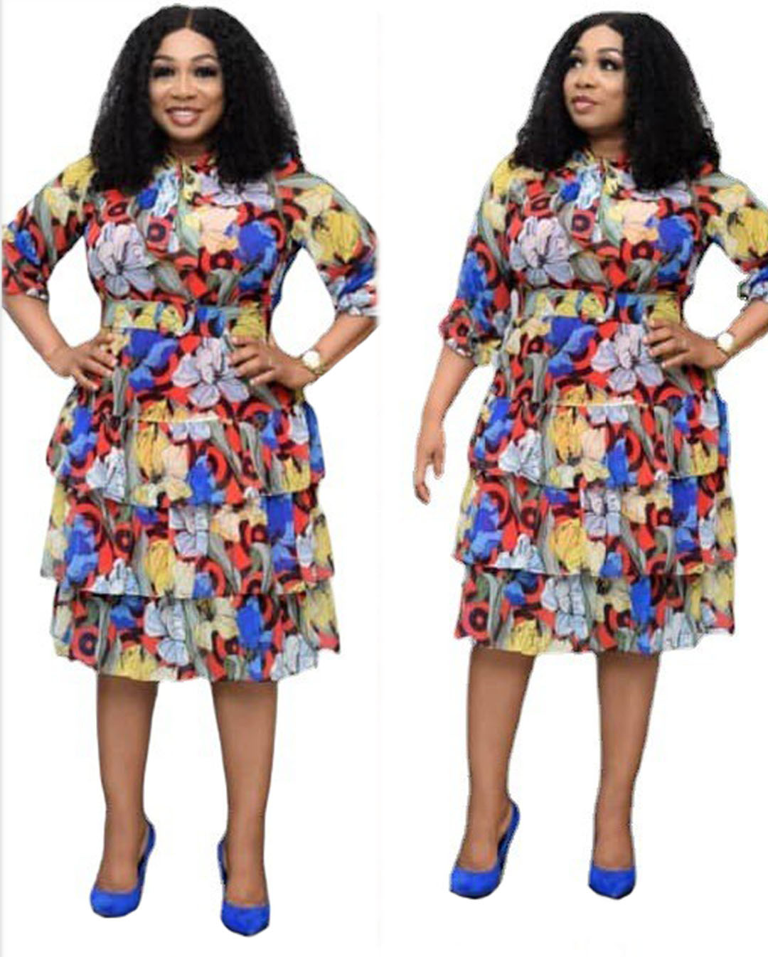 Multicolor Floral Tiered Dress in Extended Sizes — product details and sizing image 3