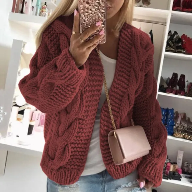 Sweater Women's Thick Thread Twist Knitted Cardigan Sweater Red - Shop at LoveMi