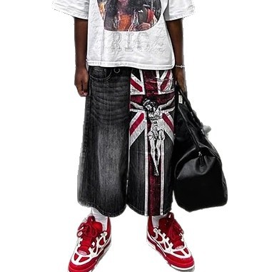 Flag Print Worn Looking Washed-out Baggy Denim Shorts Men