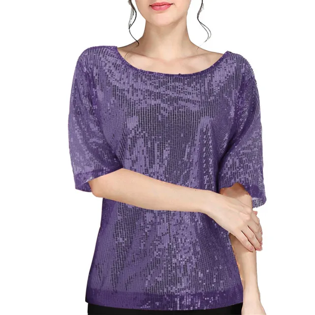Women's Pure Color Sequins Round Neck Stitching Loose fitting Casual T shirt Purple - Shop at LoveMi