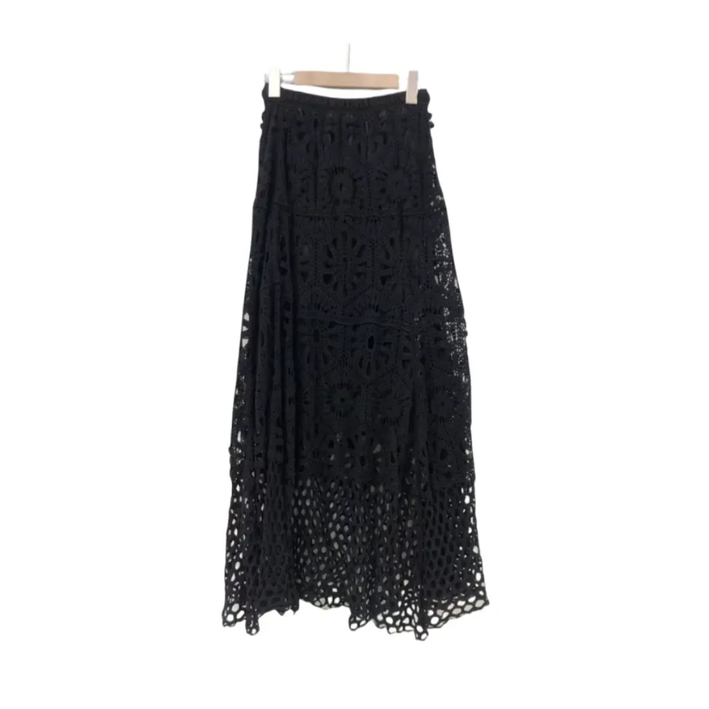 Lace Patchwork A- Line Skirt Holiday Style Hollow-out Midi Dress - Black
