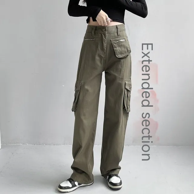 Women's Versatile Loose Pure Cotton Workwear Pants Green Lengthened Thick Oblique - Shop at LoveMi