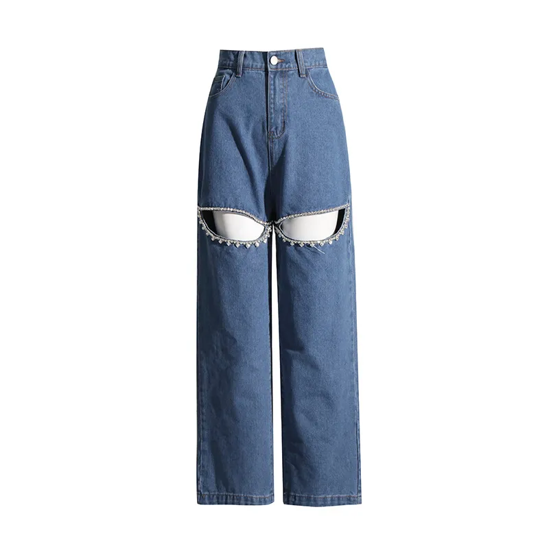 Diamond Beaded Design Straight Mid-waist Long Hollow Jeans - Dark Blue
