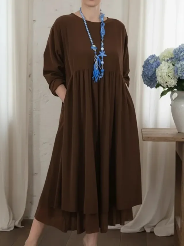 Womens Crew Neck Double Layer Patchwork Long Sleeve Dress Brown - Shop at LoveMi