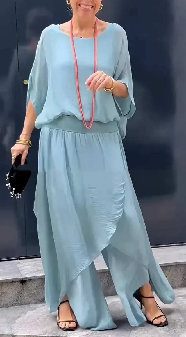 Top Split Wide Leg Pants Chiffon Casual Suit Mint - Shop at LoveMi