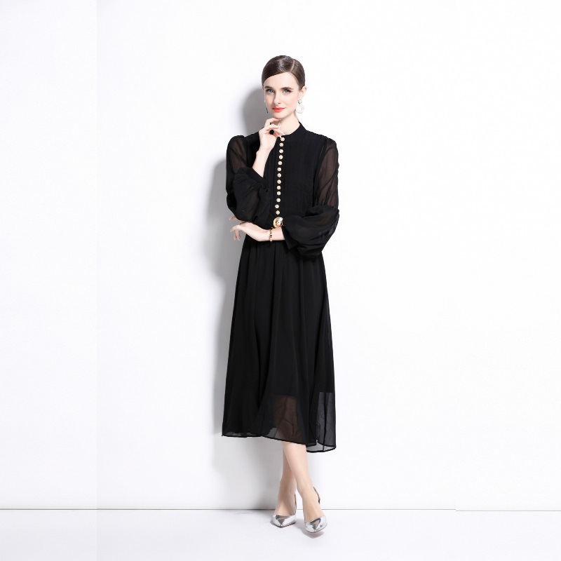 Heavy Industry Metal Buckle Pleated Stitching Puff Sleeve Waist-controlled Large Hem Temperament Long Dress