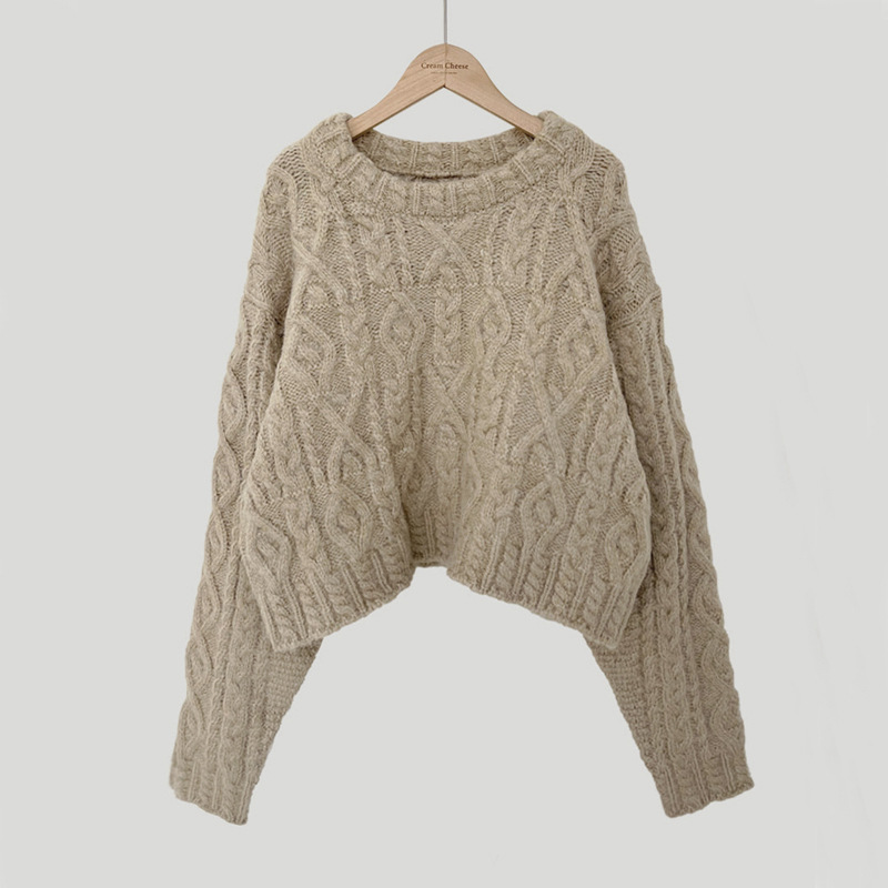 Retro Twist Round Neck Warm Cashmere like Blended Pullover Apricot - Shop at LoveMi