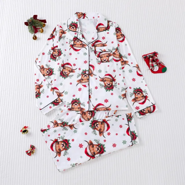 Women's Pajamas Four Seasons Christmas Printing Lapel Long Sleeve 8 Style S - Shop at LoveMi