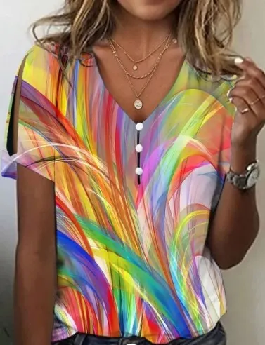 Women's Printed Comfort And Casual V-neck Buttons Short Sleeve - Color-L