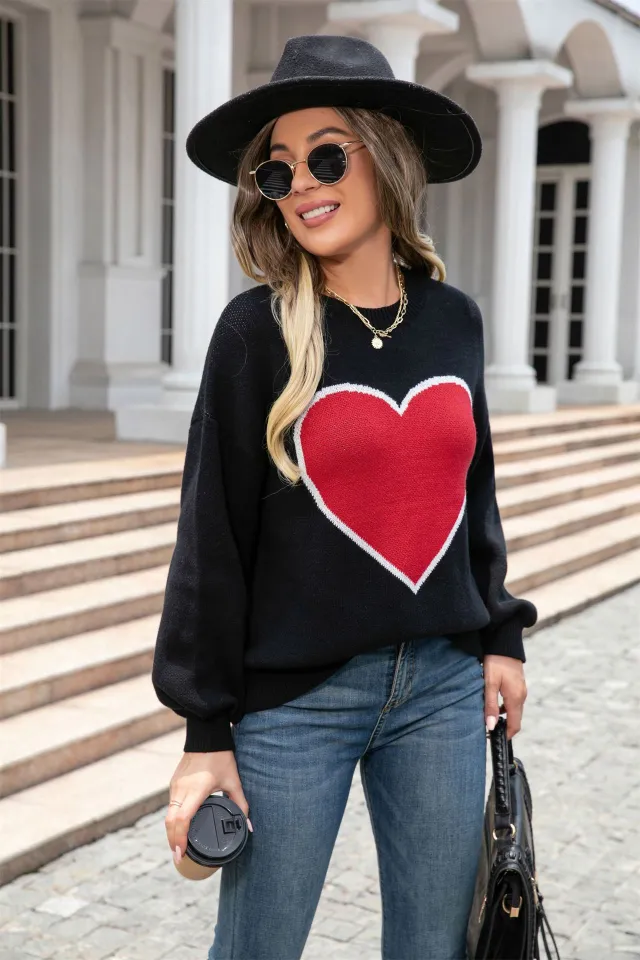 Round Neck Love Sweater Pullover Plus Size Peach Heart Sweater Black - Shop at LoveMi