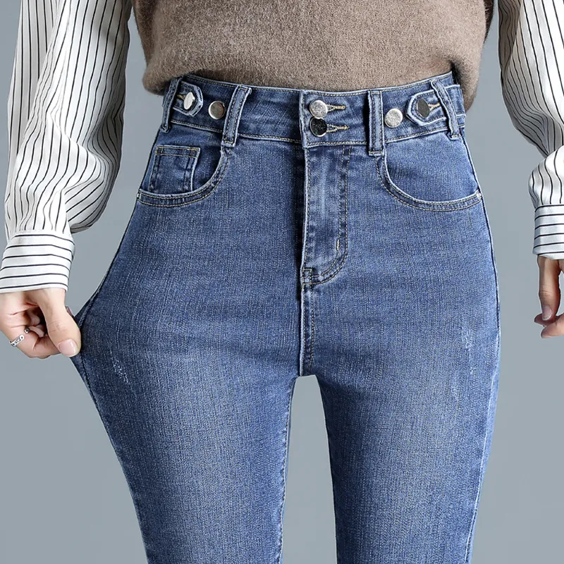 High Waist Stretch Jeans Tight And Warm Skinny Pants Women - Light Blue Trousers